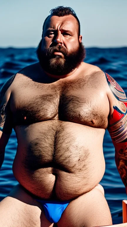 photography of a burly marocan fisherman sunbathing on a fisher wooden boat, in little french briefs, tattoo, manly chest, ugly, 44 years old, bullneck, white long beard, dreadlocks, muscular chubby, screaming, angry eyes, photorealistic, Canon EOS, 8k