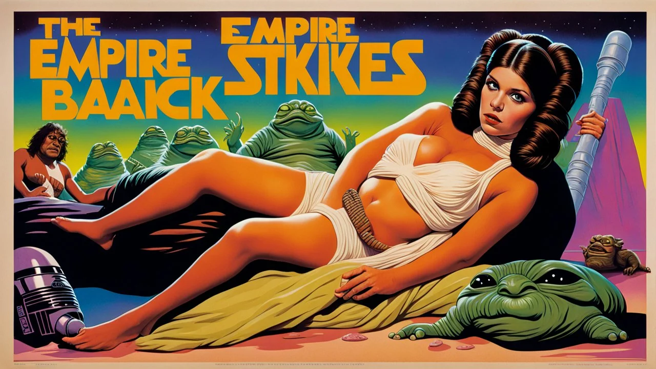 Movie poster for the empire strikes back featuring Princess leia in slave costume reclining in Jabba's, in the style of rockin jelly bean 1970s lowbrow