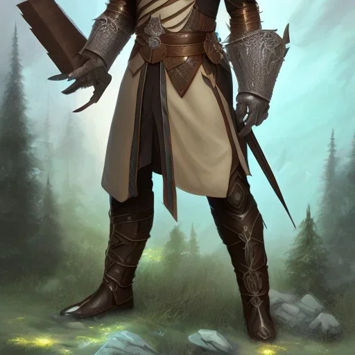 D&D character, male, long black hair in ponytail, dark tan skin, artificer, holding gun, light armor, chain armor