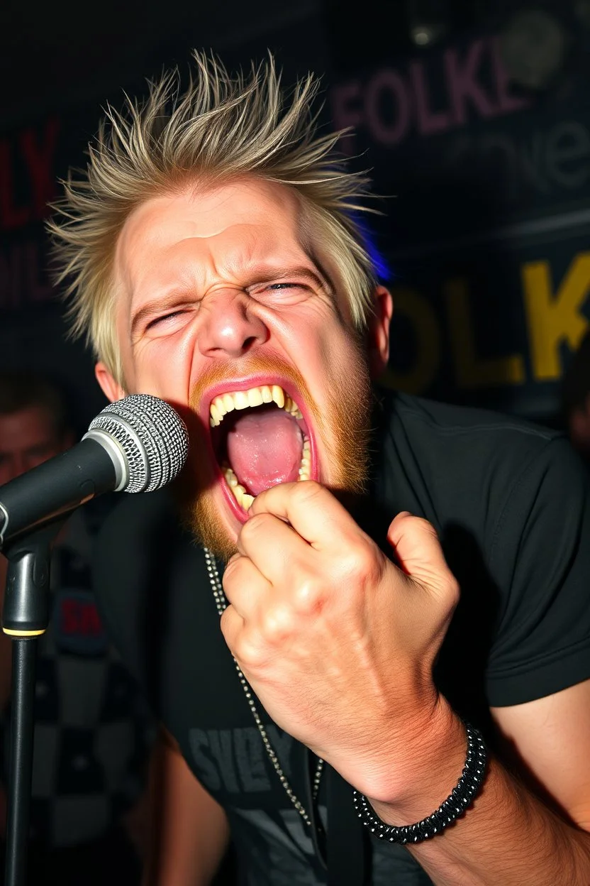 A very angry and bitter punk rocker screaming at microphone, very aggresive image in a club house, his name i FOLKE, and the name FOLKE in background