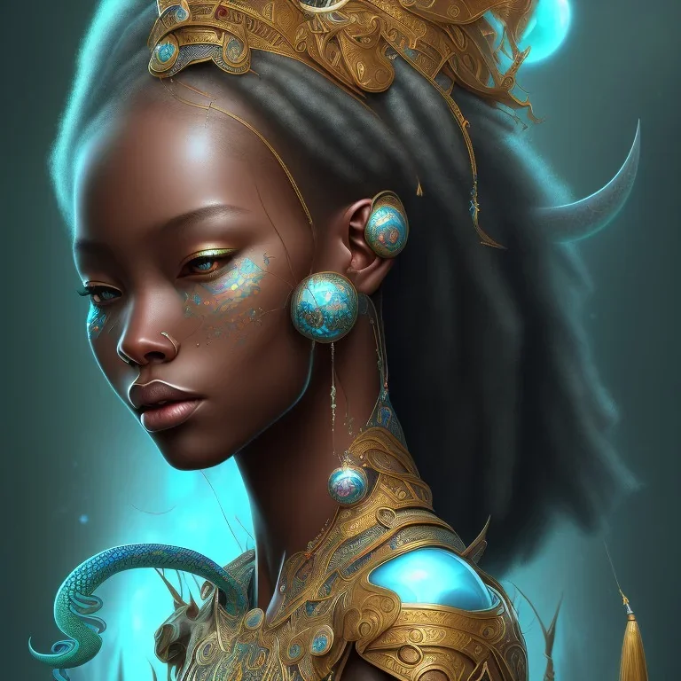 sango fantasy, fantasy magic, intricate, sharp focus, illustration, highly detailed, digital painting, concept art, matte, masterpiece head sexy view black African beauty black afro hair space lady turquoise snakeskin Thailand princess facing forward