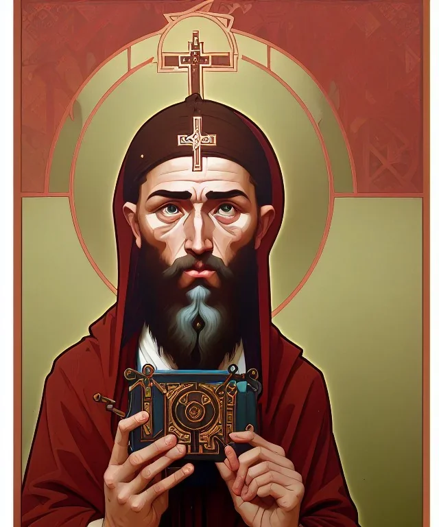 orthodox old icon with saint, patron of photographers. he is holding a camera in one hand and 35mm film in the other. Cyrillic inscriptions are the names of photographic brands. hyperdetailed, Alphonse Mucha, Zdzisław Beksiński, poster, illustration, ink, oil on canvas, 18th century atlas