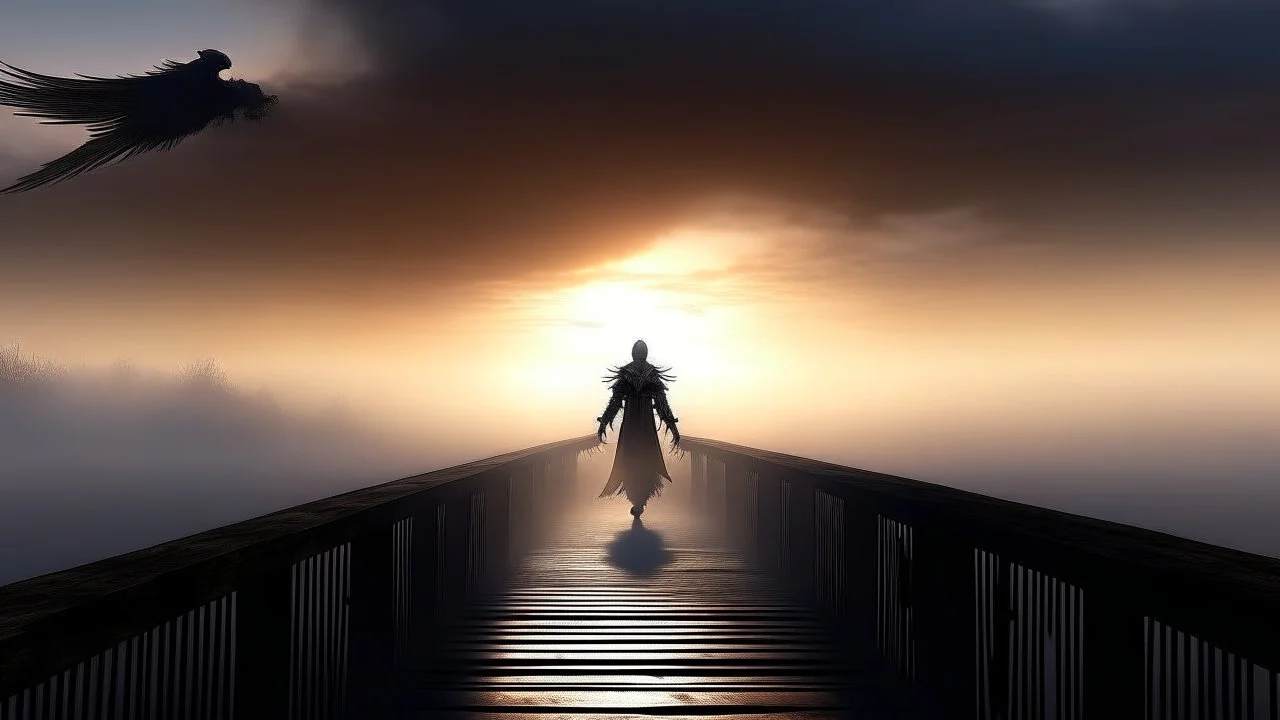 walking straight ahead over a wooden bridge, holding the angel of death with your right hand, entering the fog at the end of the road that leads to the afterlife, and a beautiful sunset and galaxy's behind the fog, realistic