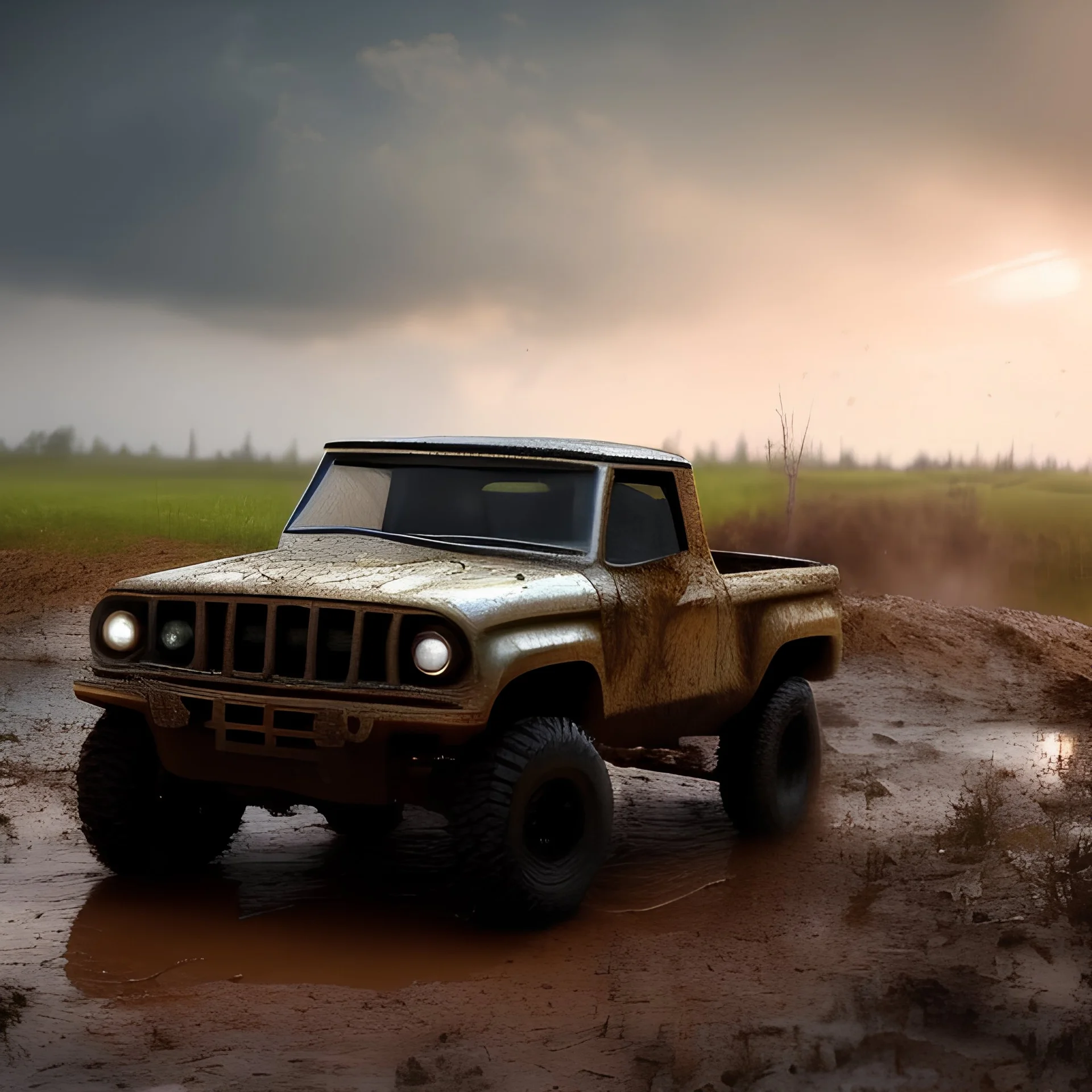 hyperrealistic cinematic shot, muddy military toy truck in motion, side damage and rust, closeup on front tires, monotone color palette, sharp focus, puddle reflection, tire water splash, refraction, mist on the horizon, morning cast, detailed and intricate, cinematic composition, micro, tilt shift photography