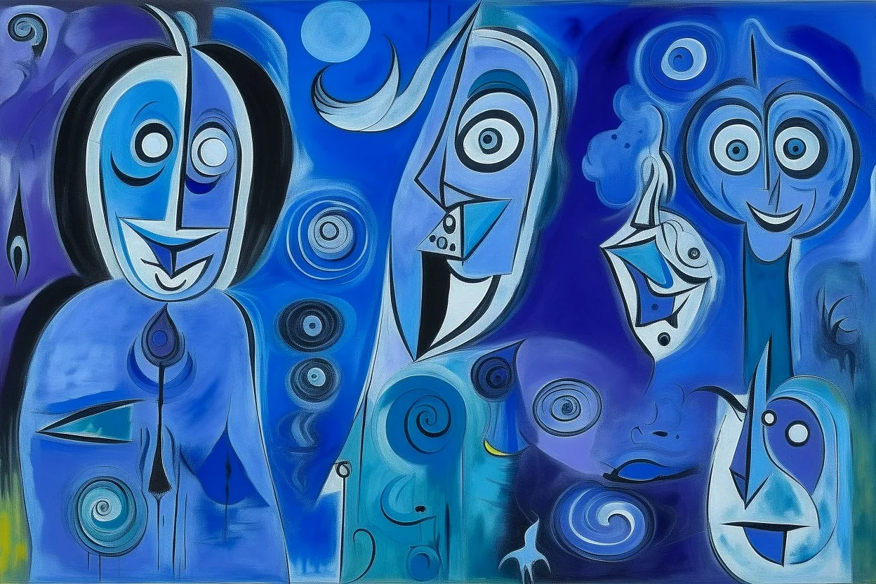 A purple outer space with ghosts of illusion painted by Pablo Picasso