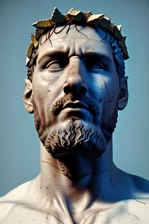 Ultra Realistic image, Roman sculpture, white marble material, Lionel Messi, gold crown of natural thorns, god crown, Renaissance style, sun rays background, waist up portrait, epic, celestial, cinematic lighting, God lights, 4k resolution, smooth details, soft lighting, unreal engine 5, art station, substance 3d.