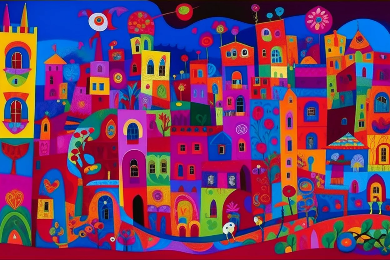 A purple Day of the Dead themed town designed in Mexican folk art painted by Wassily Kandinsky