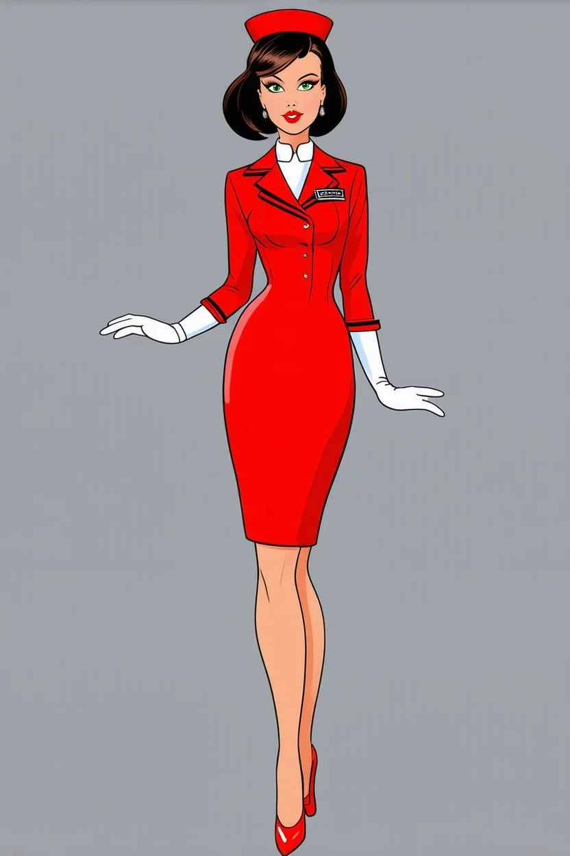 pin-up style realistic cartoon of 50 year old French brunette stewardess in short and tight, well-fitting red uniform dress with green eyes, very red lips and long eyelashes with shiny red very high heels, white long opera gloves