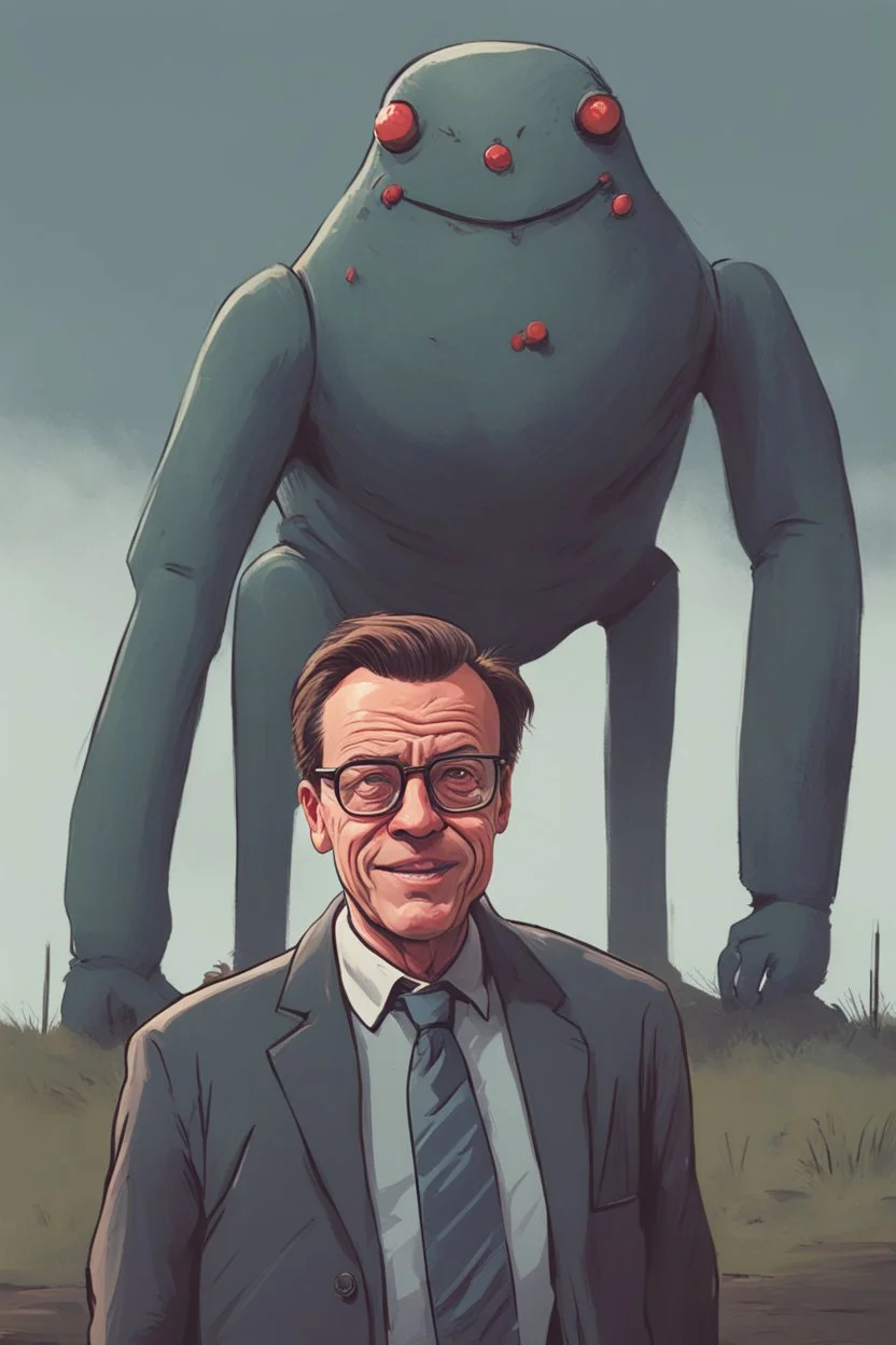 Ulf Kristersson, very evil and laughing, Simon Stålenhag cartoon style