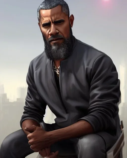 "MIddle aged African American human male, with a trimmed but uneven beard, piercing eyes with slick back hair, 8k resolution concept art scene by Greg Rutkowski, Artgerm, WLOP, Barack Obama dynamic lighting hyperdetailed intricately detailed Splash art trending on Artstation triadic colors Unreal Engine 5 volumetric lighting Splash art fantasy, grey hair, sitting in Starbucks drinking coffee