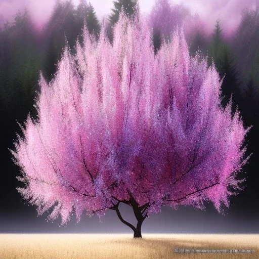 silver bark tree, pink and purple leaves, Model, glitter, fog, willow, forest