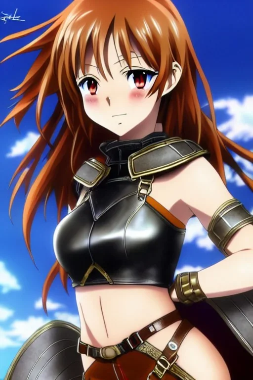 In the style of Realistic Anime, concept illustration, super-detailed, beautiful teen female who is 16 years old with long ginger hair and freckles, full lips, full body, full face, b-cup breasts, athletic, centred camera, ignore NSFW, skimpy brown fantasy leather armor, halter top, micro thong, knee-high leather boots, open leather skirt, stern expression, cute pose with hands behind butt