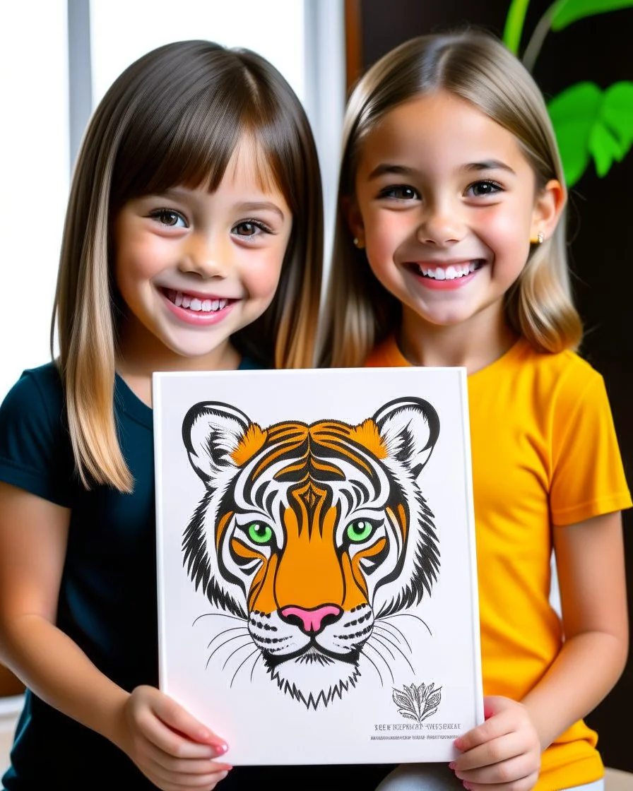 Check out a picture of two kids(4 years) showcasing their finished deer and tiger coloring page in a frame or as a gift for someone special. (style carton)