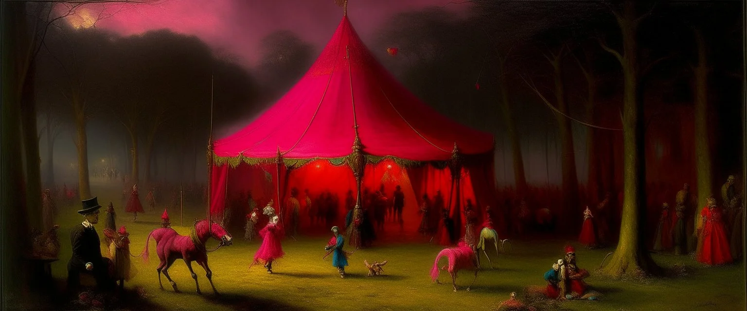 A magenta bizarre circus with tricky magic painted by George Inness