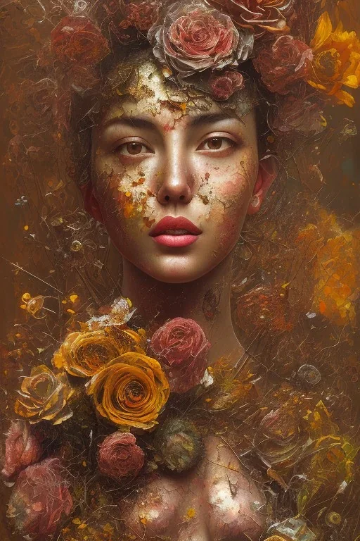 an abstract painting of rusted metal and flowers, beauty of the world portrait, rust, scaffolding, iron cladding, decay, mixed media, textured, anatomically correct, beautiful perfect face, sharp focus, highly detailed