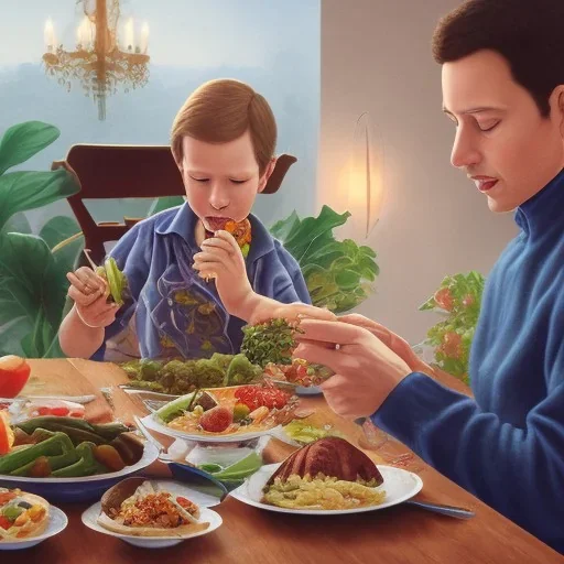 Two man sitting at the dining table eating an extremely healthy meal of fresh Whole Foods