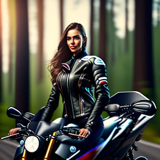 Very attractive woman sitting on a motorcycle. The bike is Yamaha. In the background is a forest. Big detail on the legs. Realistic details. Photorealistic. 4K. Wide-angle lens.