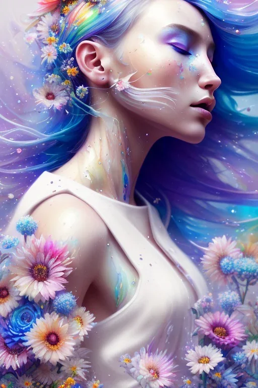 a woman, side profile, closed eyes, blue hair, colorful, watercolor splash, white dress, rainbow flowers, in the style of Camilla d'Errico, hyper detailed, beautiful, complex, trending on artstation, cryengine, national geographic photo, chiaroscuro