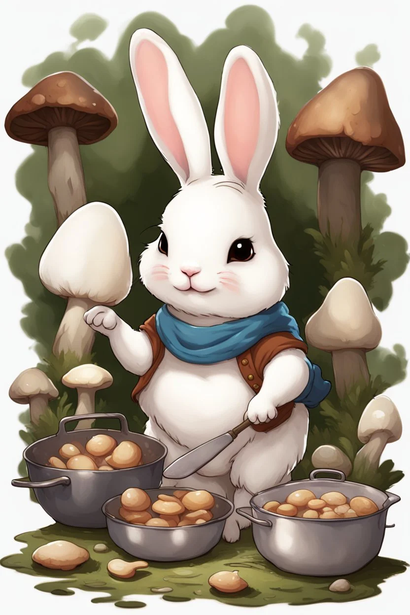 Cute chubby bunny floppy ears adventurer dnd cooking with mushrooms art realism