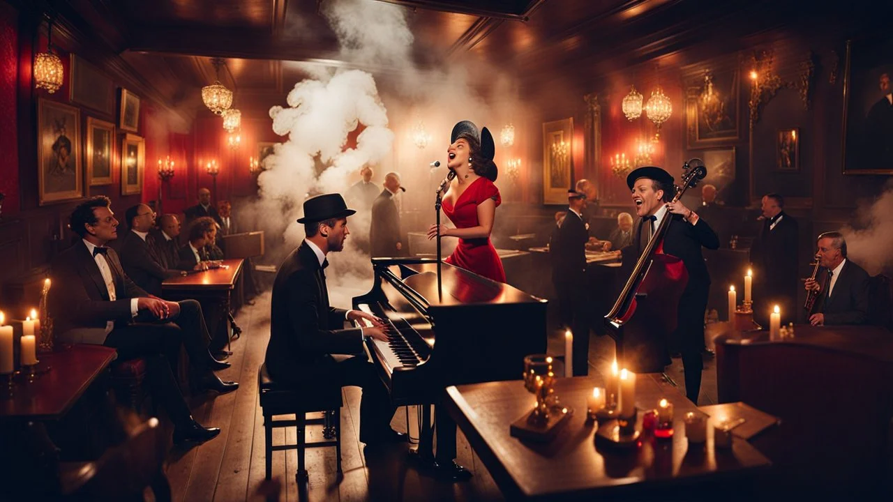 photo from an (authentic American jazz pub 60s style), a ((man in hat and dark suit playing on the piano)), and a beautiful (woman singing next to men in 60s fashion red dress), warm lights, cigarette smoke, wooden tables with guests, intricately detailed, sharp focus, cinematic