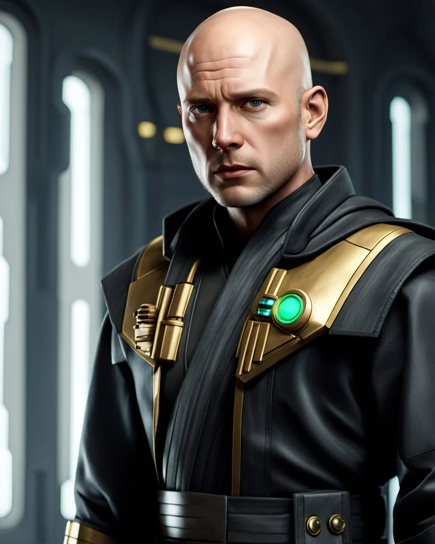 star wars bald male corellian pilot wearing dark gunmetal grey and black First Order special forces TIE pilot armored flightsuit and helmet with gold trim inside the jedi temple, centered head and shoulders portrait, hyperdetailed, dynamic lighting, hyperdetailed background, 8k resolution, volumetric lighting, light skin, fully symmetric details