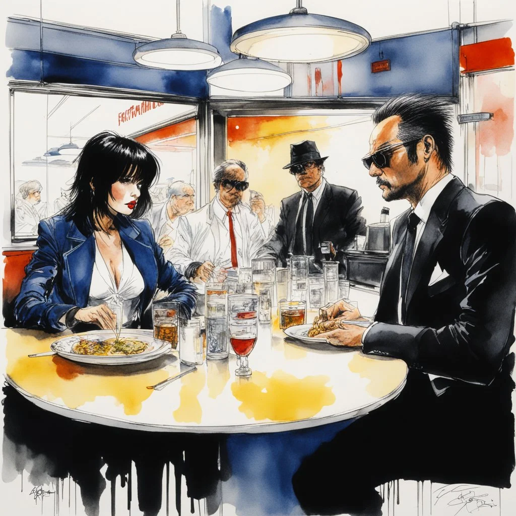 [art by Ralph Steadman] Masamune Shirow style: three agents of criminal minds FBI team, on a scene crime in a diner restaurant (women and men) ink and aquarelle drawing