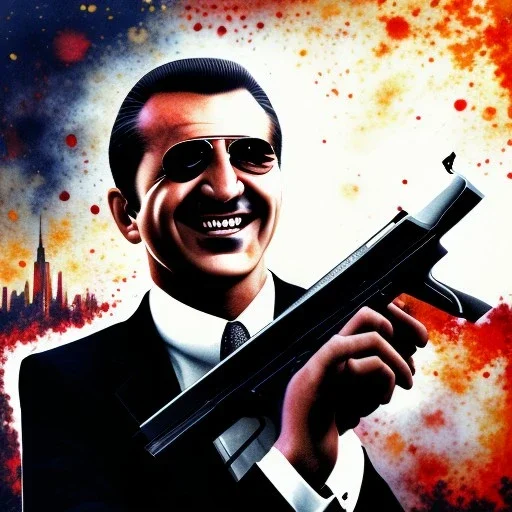 water color art,mafia family boss grinning with black greasy hair, pointing big blank gun and wearing suit, city streets in background,run for cover, movie poster