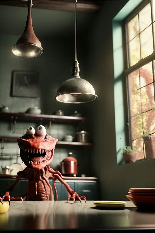 Kitchen scene with a red big moppet monster, realistic photo, Tim burton style, concept art, smooth, unreal engine 5, god lights, ray tracing, RTX, lumen lighting, ultra detail, volumetric lighting, 3d.