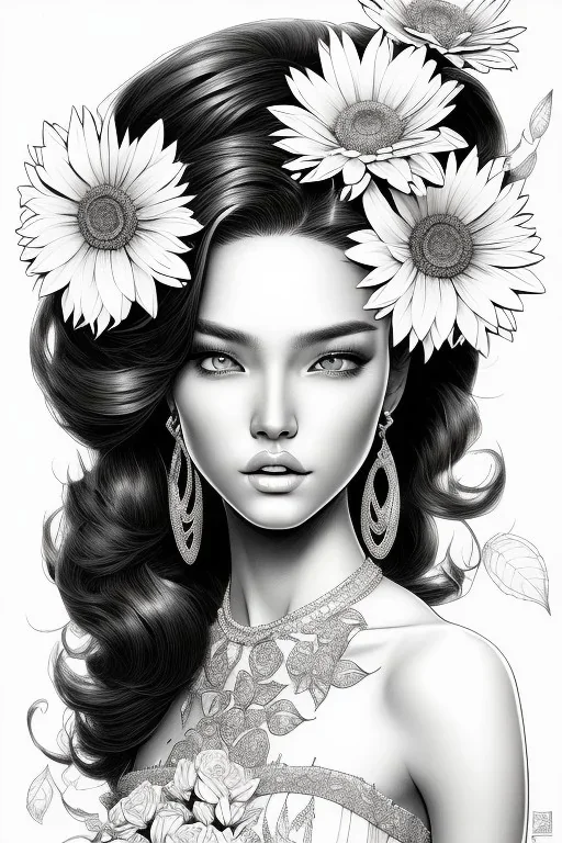 hyper detailed, black and white, thick line, coloring book illustration, lineart, stunningly beautiful asian woman in flowers, jim lee