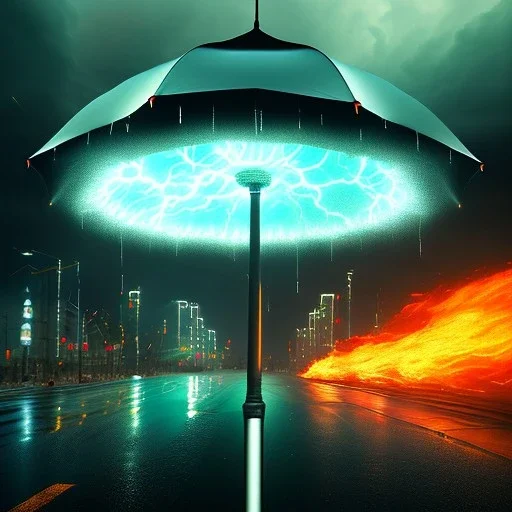 A giant umbrella. Big Open umbrella. open on a city street. Umbrella Fire. stormy day. lightning and storm clouds. Horizon. Dark sky, cascade, rain. Elegant. Extremely detailed. Award winning photography. Fantasy. 8k. Cinematic lighting. Photorealistic. Dynamic lighting. Imperial colors. Crisp quality. Unreal Engine. Colourful cinematic postprocessing.. VRay.