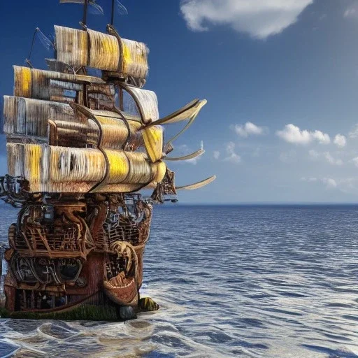 The beautiful pirate ship in the ocean, complex, incomprehensible, 3D, voluminous, symmetrical, artistic, 4K, 8K, by Franz Mark, a living, real and natural work