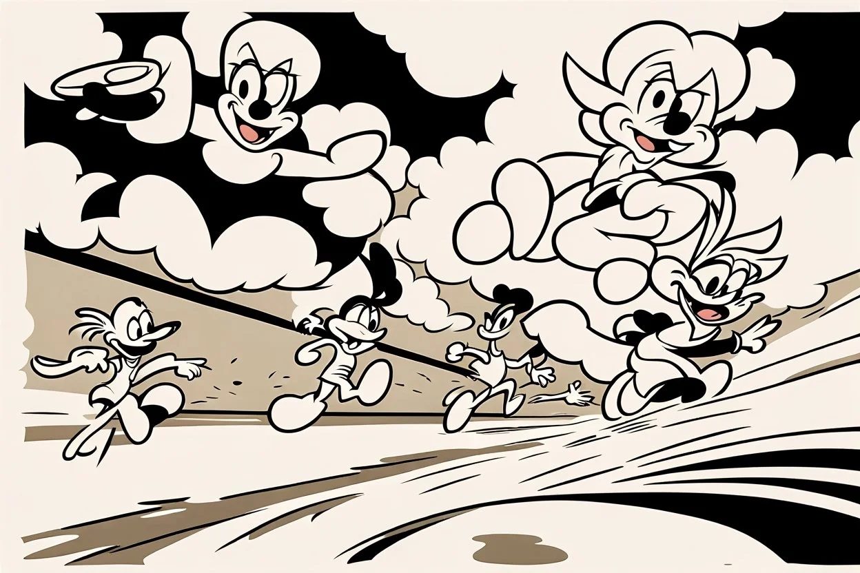 mostly sky, ground line at bottom, small cartoon character on the bottom right running towards the right side, leaving behind a cloud of dust. style of looney toons cartoon