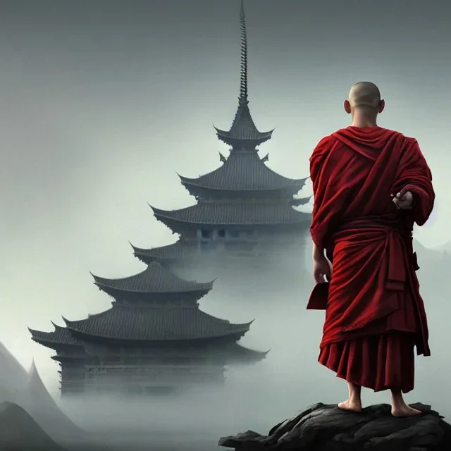 Portrait of a monk, fog, distant asian temple, profile, grim, dark, Frank Frazetta, Greg Rutkowski, hyperdetailed, dnd, trending on Artstation, Splash screen art, dynamic lighting, hyperdetailed, intricately detailed, a masterpiece, 8k resolution, high contrast, bearded, red robe,