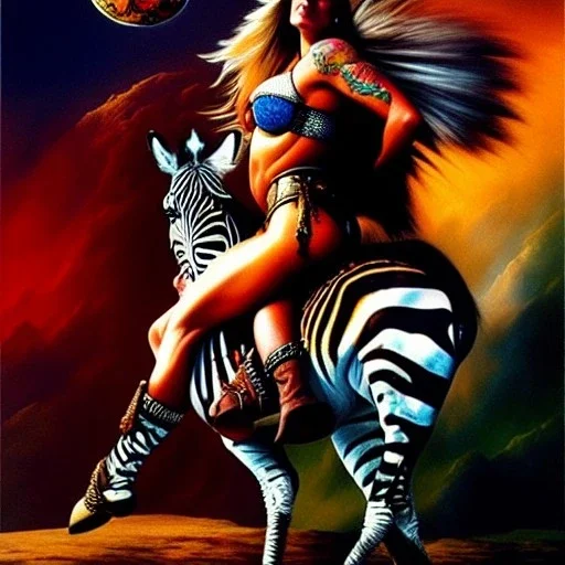 portrait oil on canvas,beautiful busty Female Warrior riding a Zebra, minimal armor,comic book cover, mystical colors,insanely detailed,realistic,intrincate detail,crystal clear eyes,perfectly drawn face, 16k resolution, masterpiece,Simon Bisley,Frank Frazetta,Alex Horley,ARTHUR ADAMS