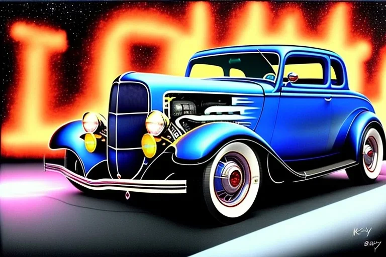 a true-to-life 1932 ford coupe deluxe, centered, intricate, extreme detailed, photorealism, center view, city background, pivot on ford, pen and color marker, painting by cheryl kelley