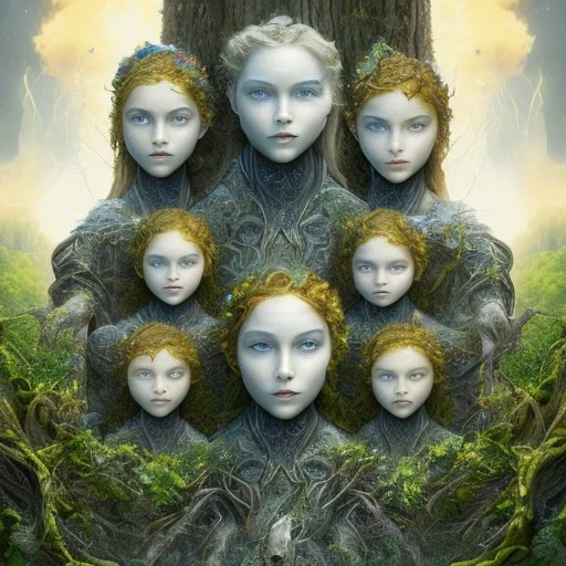 3d render, Painting .three women. A mother. Two daughter. Twins. A mother with her children the faces of three young ginger women. wood nymphs emerging from the forest. Her hair looks like vines. Dreadlocs. Her skin is the colour of dark soil. Her skin looks like tree bark. Her clothing is made of vines, grass and leaves.