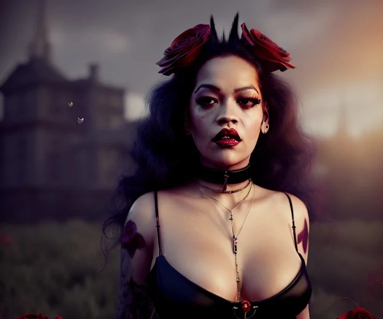 Rita ora, 1800s, vampire, fangs, long curly black hair, choker, black rose, Victorian dress, headdress, blood