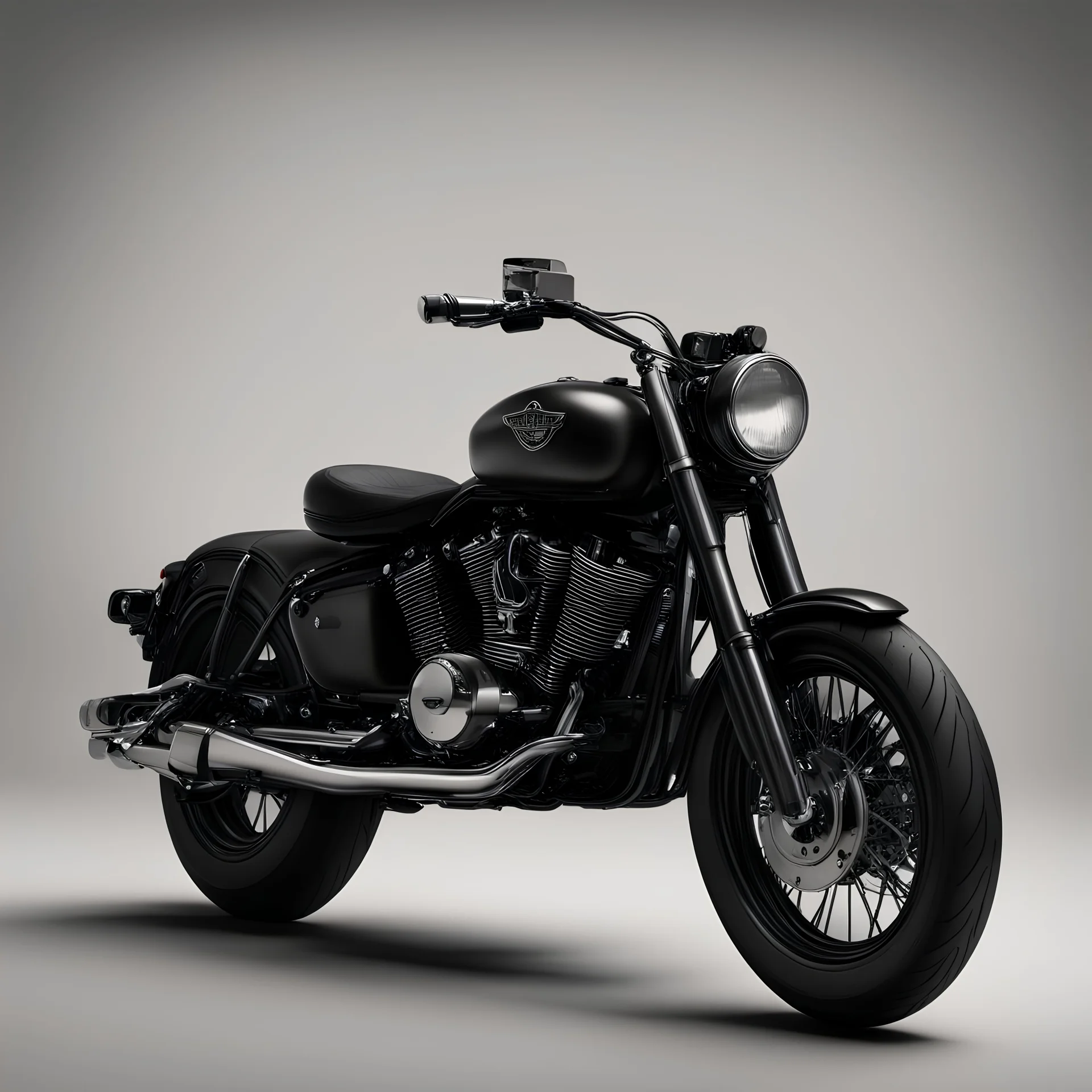 Prompt 1: Generate a visual of a sleek black Harley-Davidson motorcycle placed against a neutral backdrop. Ensure the texture of the matte black paint is prominently highlighted, with subtle reflections adding realism. Pay attention to the play of light and shadows to enhance the depth of the image.