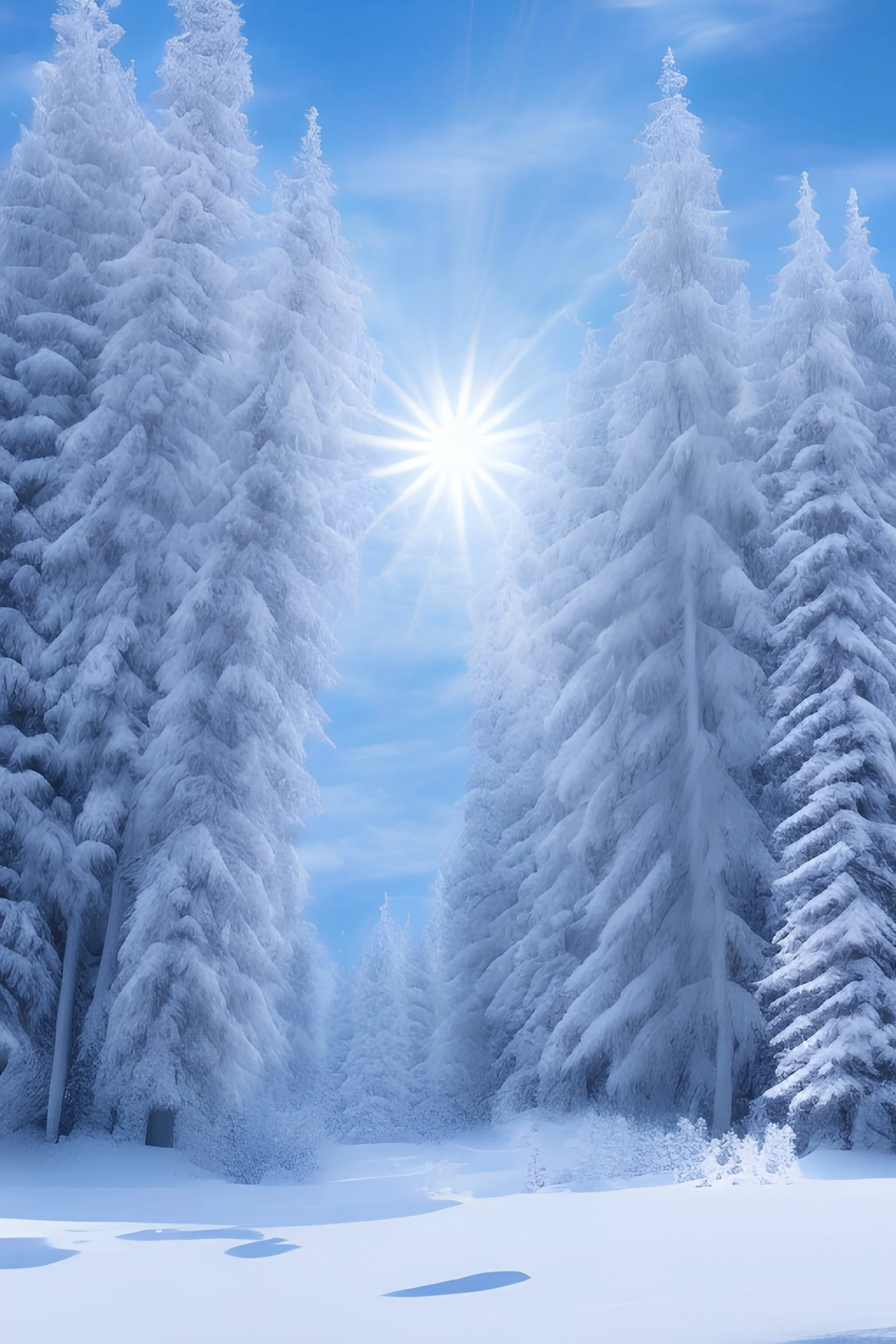 Beau paysage,neige, licorne blanche, foret,ciel bleu, soleil