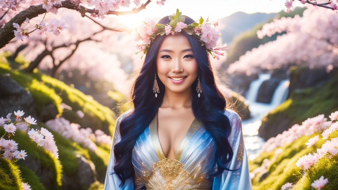 Portrait of a gorgeous smiling asian goddess with a golden dark skin, long smooth clear blueish hair, blue eyes, in a sci-fi outfit with luminous strikes in a hill of flowers with sakura trees, a small torrent, loads of mini flowers, moss, sun rays through the branches, particles in the air at spring