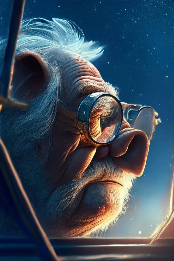 grandpa hog, with background star field seen in the window of a boat, 4 k, trending art, depth of field, in the style of gorillaz