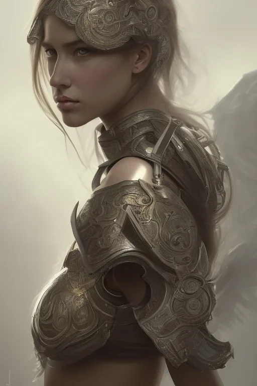 a professional portrait of a beautiful young female, clothed in ethereal battle armor, olive skin, long dark hair, beautiful bone structure, symmetrical facial features, intricate, elegant, digital painting, concept art, finely detailed, in the style of Greg Rutkowski