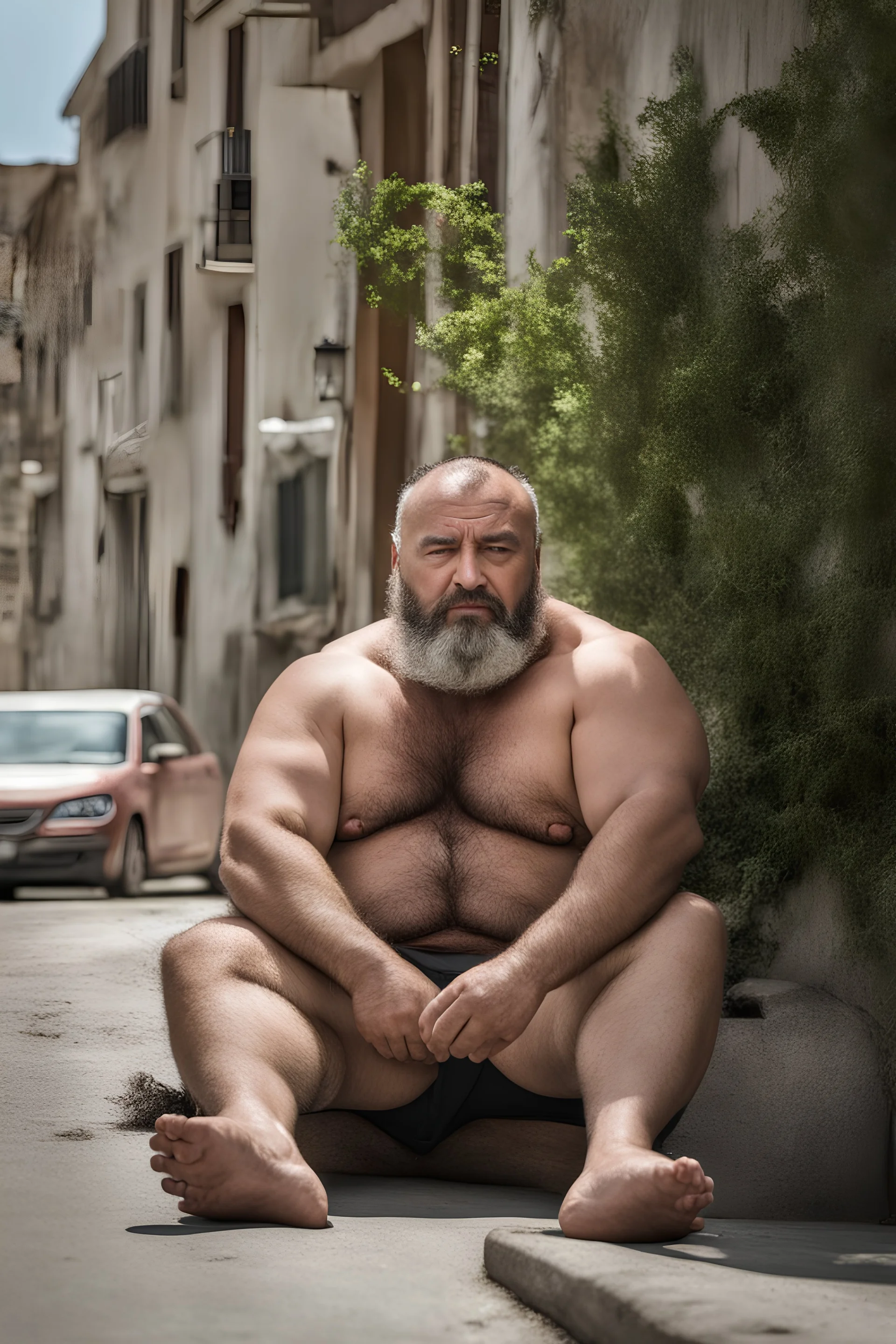 masculine muscular chubby burly mature turkish man sunbathing, sitted on an empty street, 44 years old, shirtless, bullneck, ripped dirty shorts, manly chest, very hairy, short beard, big shoulders, relaxed, photorealistic, well defined facial features, half figure photography, view angle from the ground