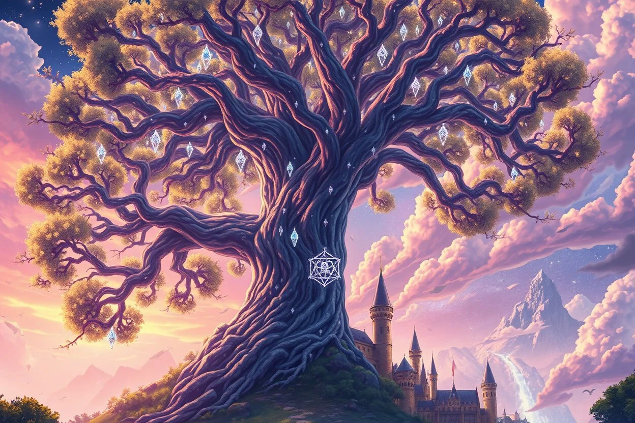 retro anime style, serious 1990s OVA anime style,Best quality, masterpiece, ultra high definition,Highly detailed painted anime final fantasy artwork style, Giant tree, gorgeous shiny crystal tree Yggdrasil, at the bottom medieval fantasy city
