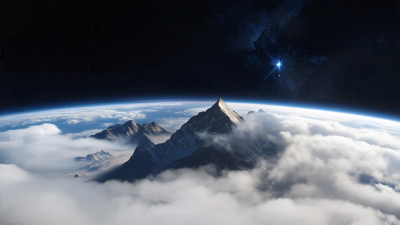 a fog planet's atmosphere is pierced by a single sharp mountain peak. a curved horizon separates the starry but dark and subtle space. a single tiny spark of light at the tip of the mountain's peak.