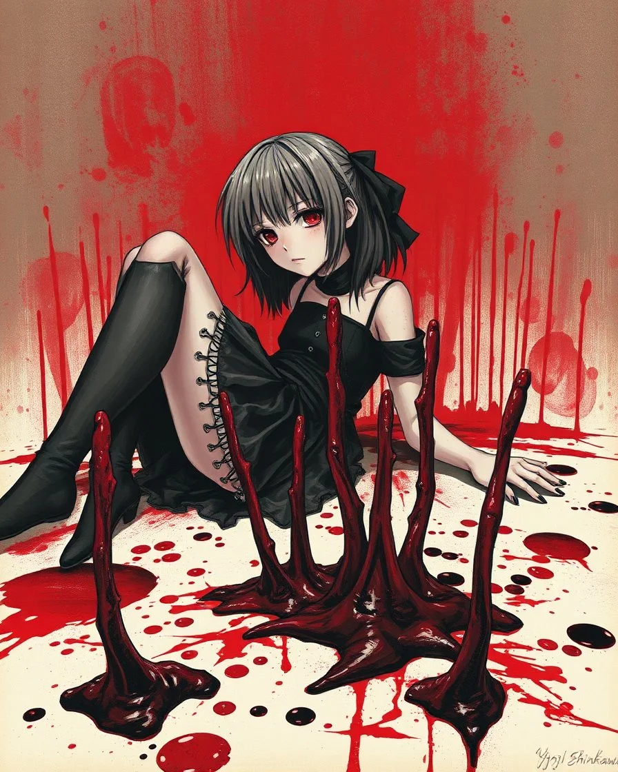 Petit girl goth, lying pose, fullbody, behind blood guts rising from the ground, illustration by <Yoji Shinkawa>, behind paint splashes darkred tones,