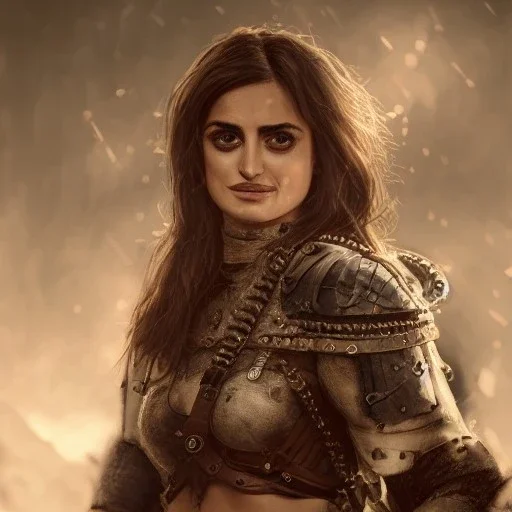 best quality, realistic lighting, masterpiece portrait of Penélope Cruz, details, light dusting of freckles, cowboy shot from above, simple chain hauberk, warhammerVector art matte painting digital illustration 3D shading CryEngine Behance HD 3Delight