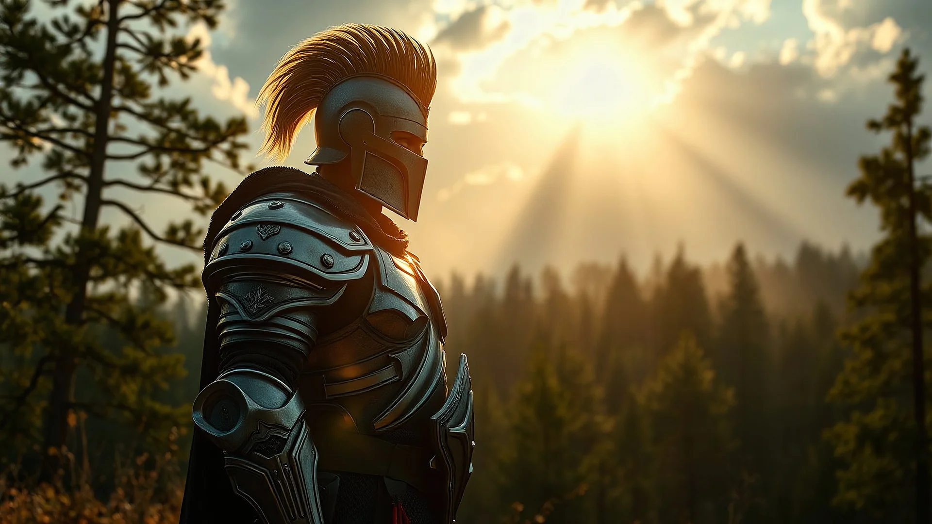 Photorealism. random Human in armor. forest in background. Sunlight through clouds.