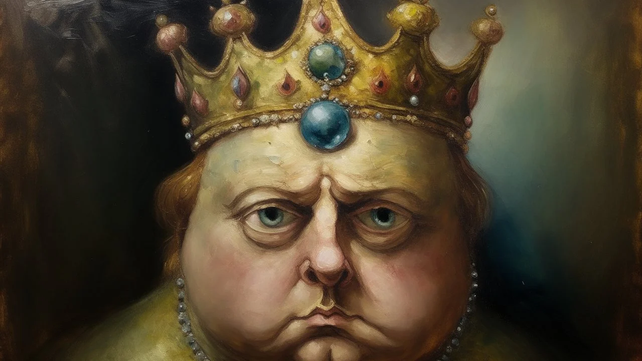 Oil study of a body mass with only one visible eye and a jeweled crown on its head.