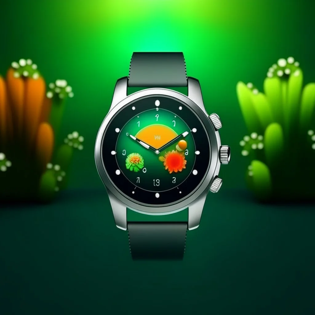 Smart watch . Sea and nature emerge from the smartwatch screen. The watch is standing in the place where the products are displayed, and this place is in the studio with simple colors without any distractions. All this I need a marketing advertising campaign